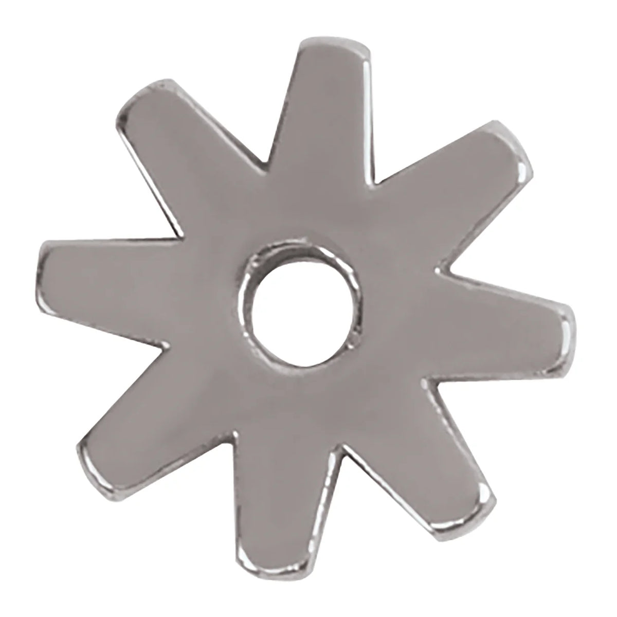 A metallic silver eight-pointed starburst or gear-shaped charm with a central hole, shown on a plain white background.