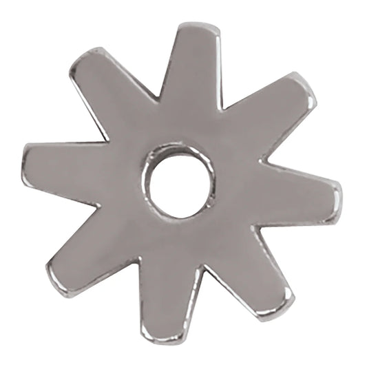 A metallic silver eight-pointed starburst or gear-shaped charm with a central hole, shown on a plain white background.
