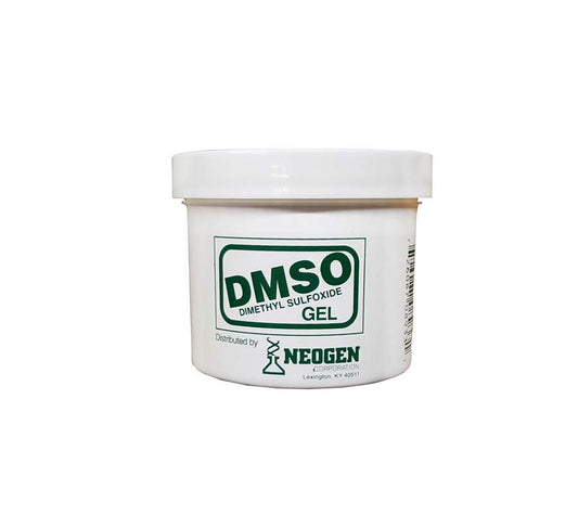 A container of DMSO by Neogen, which is a gel or liquid form of the chemical compound, labeled as not approved for human use.