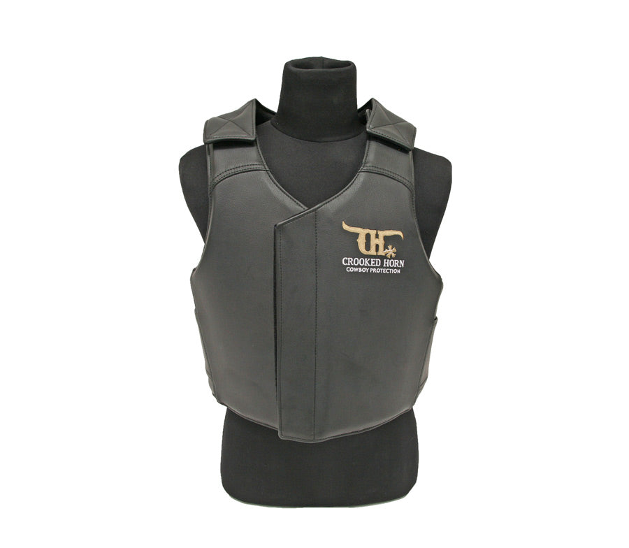 A black pleather Crooked Horn Bull Rider Vest with rib protection, displayed on a mannequin.