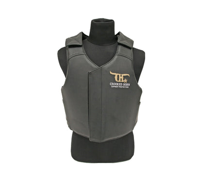 A black pleather Crooked Horn Bull Rider Vest with rib protection, displayed on a mannequin.