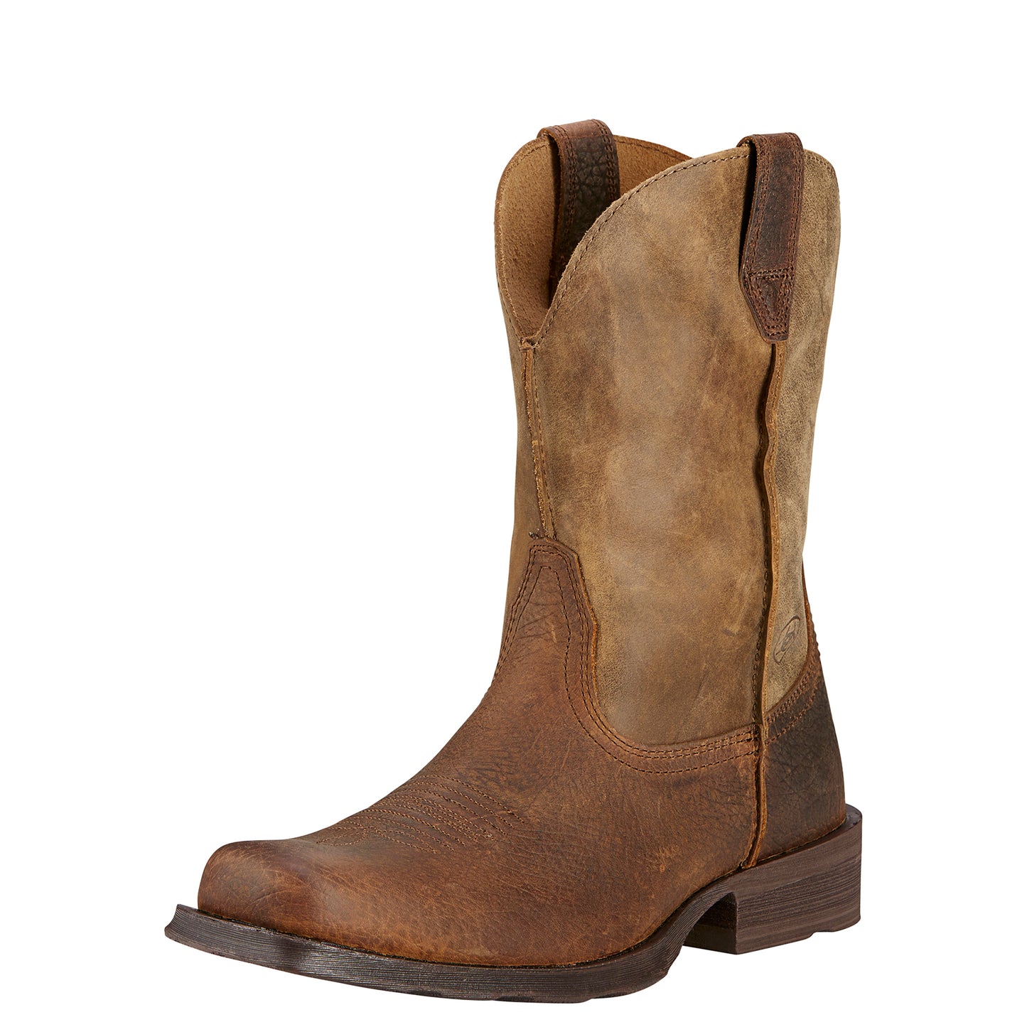 An earth and brown bomber-style rambler boot with a full vamp and a boxy square toe.