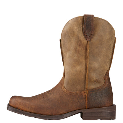 An earth and brown bomber-style rambler boot with a full vamp and a boxy square toe.