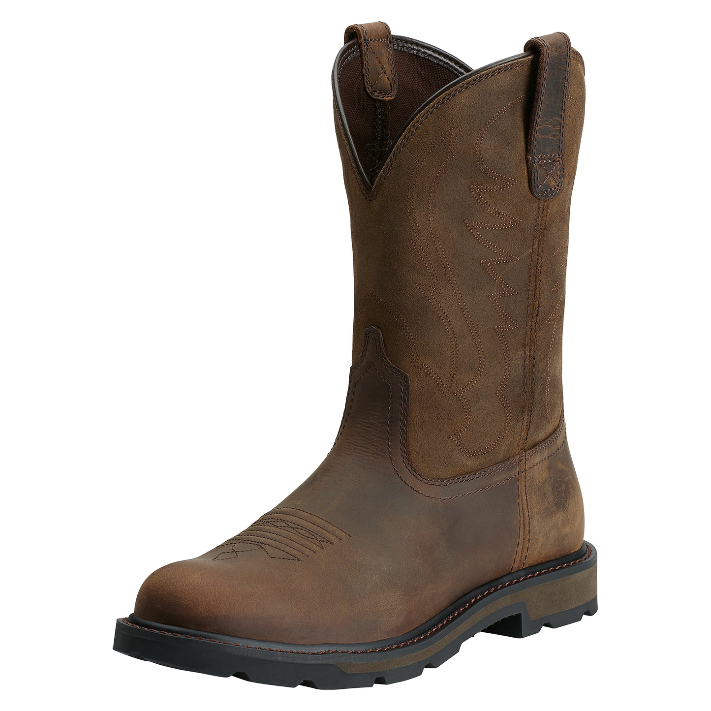 A brown, pull-on men's boot made of leather with a suede upper and a round toe.