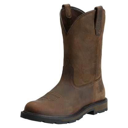 A brown, pull-on men's boot made of leather with a suede upper and a round toe.