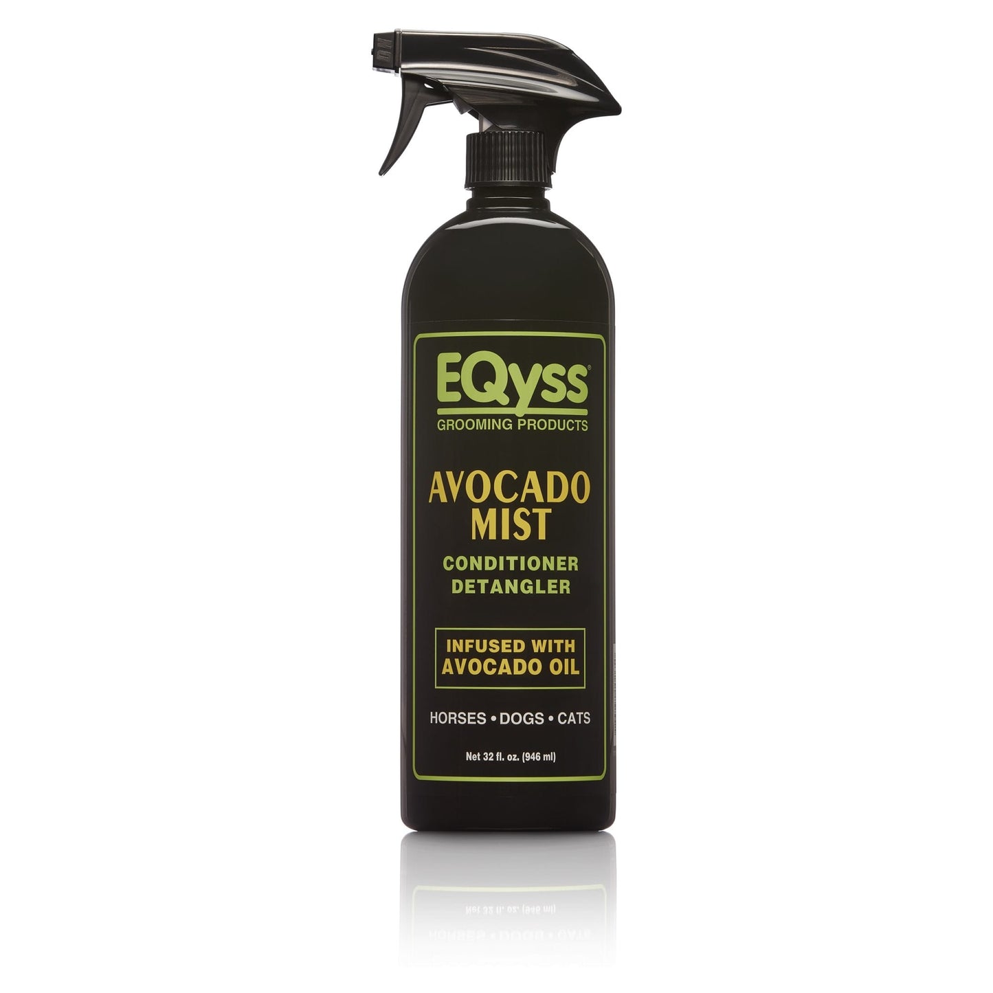 a black spray bottle with green text that says EQyss grooming products avocado mist conditioner detangler infused with avocado oil