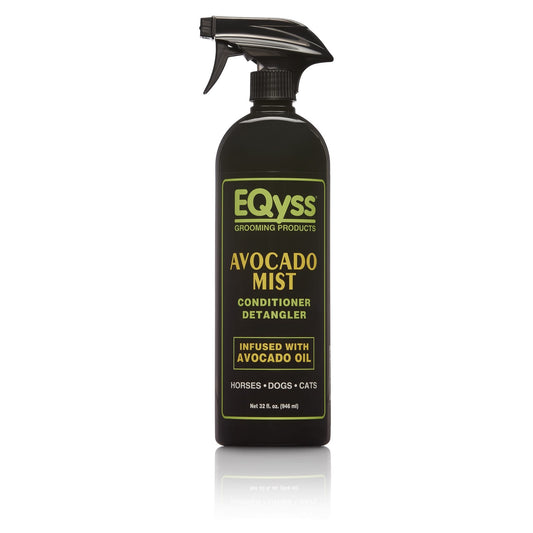 a black spray bottle with green text that says EQyss grooming products avocado mist conditioner detangler infused with avocado oil