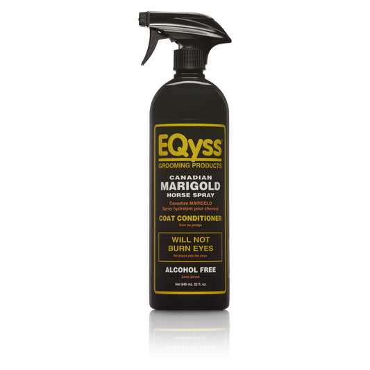 A black spray bottle labeled 'EQyss Grooming Products Canadian Marigold Coat Conditions' with text highlighting the product features such as being alcohol free,  and not burning eyes.
