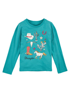 Teal Western Graphic Long Sleeve Girl's T-Shirt by Wrangler®