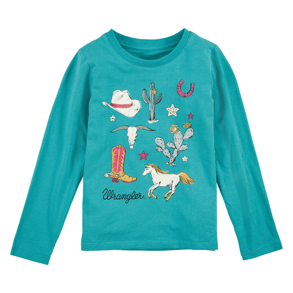 Teal Western Graphic Long Sleeve Girl's T-Shirt by Wrangler®