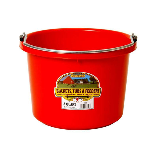 a red bucket with handle with a label that says 'buckets, tubs & feeders' it is labeled as 8 quart in size. Bucket is on a white background.