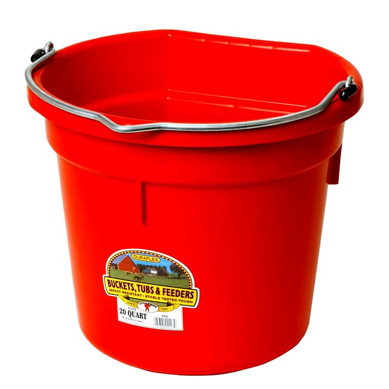 A red 20 quart flat back bucket by Little Giant with a metal handle and a label on the side.