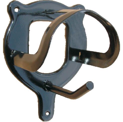 a black hook for hanging bridles or horse halters on a white background