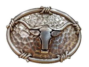 a belt buckle with a barbed wire edge and a simple steer skull center decoration