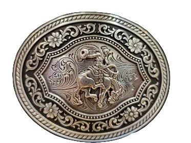 an oval belt buckle with filigree and floral detail and a bucking bronc figurine