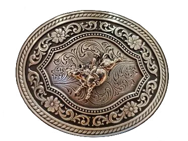 a oval belt buckle with floral filigree with a bucking bull in the center