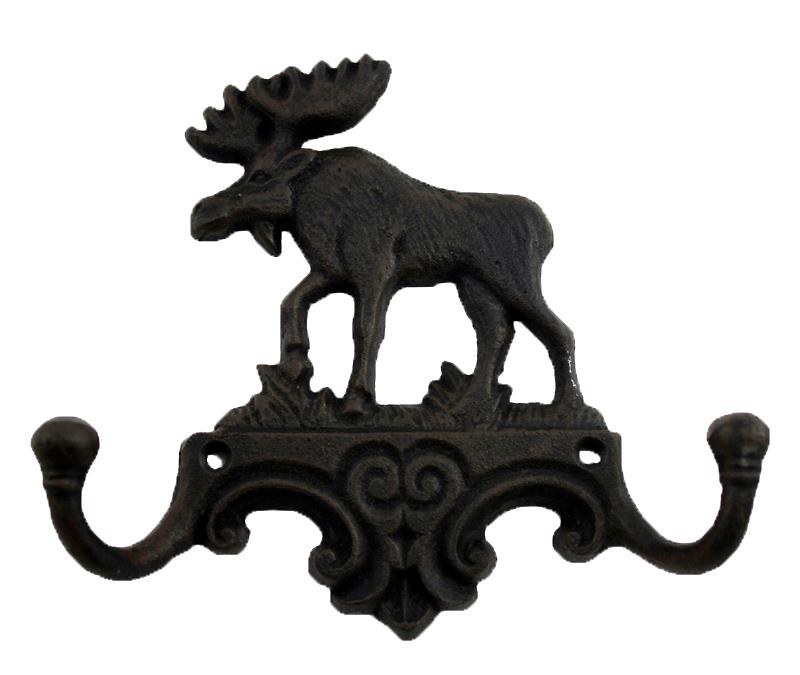 A CAST IRON DOUBLE HOOK WITH MOOSE DECORATION