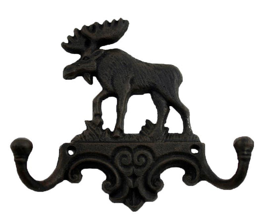 A CAST IRON DOUBLE HOOK WITH MOOSE DECORATION