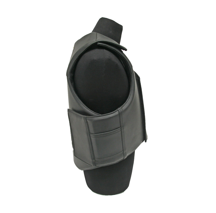 a side view of a black pleather bull rider vest on a mannequinn
