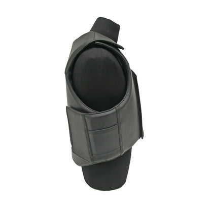 a side view of a black pleather bull rider vest on a mannequinn