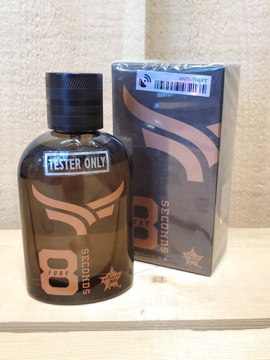 A bottle of '8 Seconds-Fury' Men's Cologne with its packaging box. The bottle is dark glass with a label that includes the product name and a star symbol.