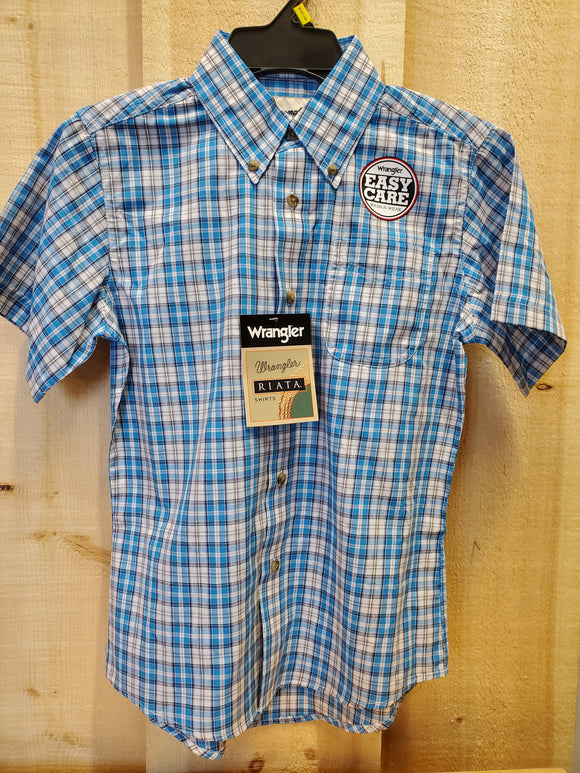 Blue Plaid Short Sleeve Boy's Shirt by Wrangler