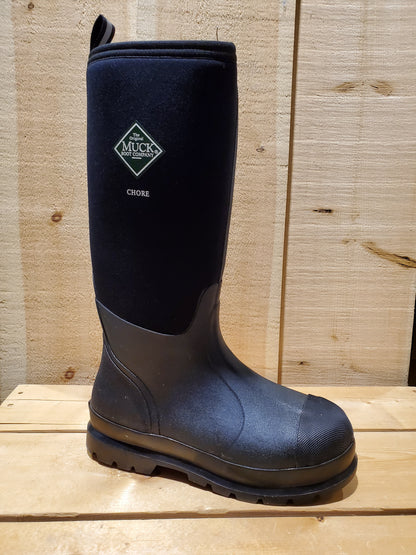A black tall work boot with a label displaying 'MUCK' and the brand name 'CHORE' on it, featuring a rubber outsole and a breathable Airmesh lining.