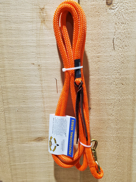 An orange 12-foot lead rope with a brass swivel snap and leather popper on the end, tagged with a Burwash brand label.