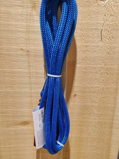 A 12-foot blue lead rope with a loop end and a leather popper on the end, displayed against a wooden background.