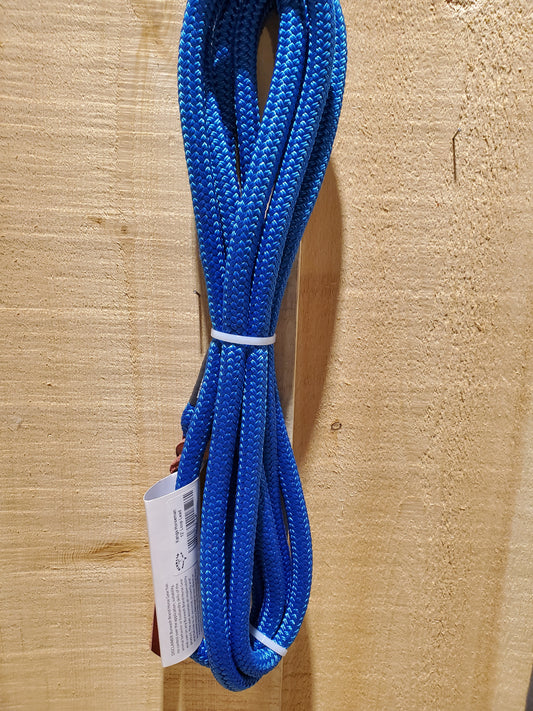 A 12-foot blue lead rope with a loop end and a leather popper on the end, displayed against a wooden background.