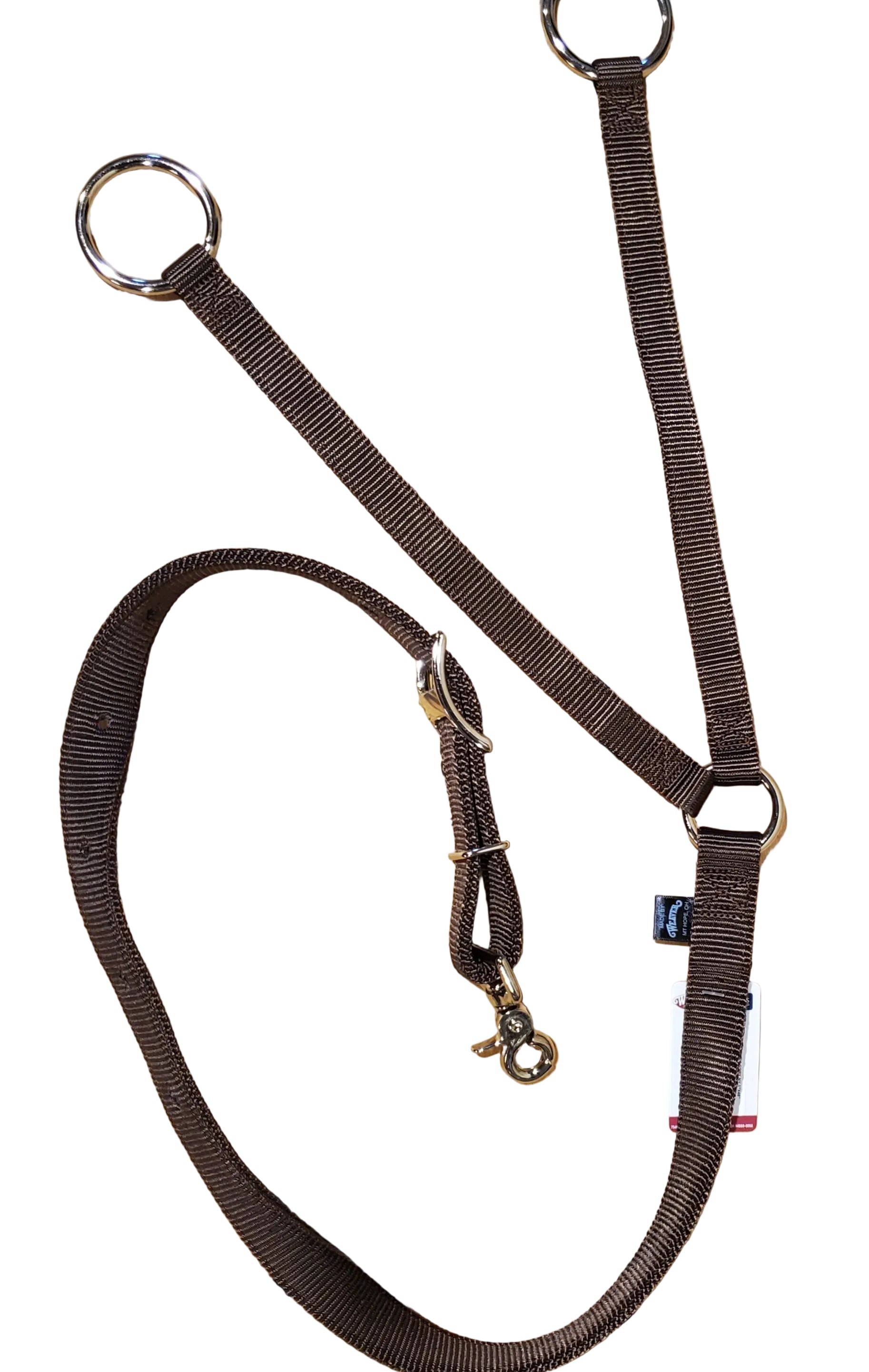 Nylon webb training fork for horses with metal hardware rings and a trigger snap on a white background