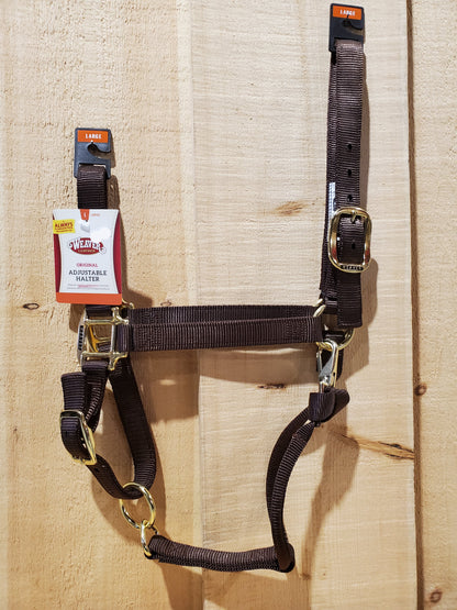 brown nylon horse halter with brass plated hardware, including a buckle and throat snap, and box-stitching at stress points.