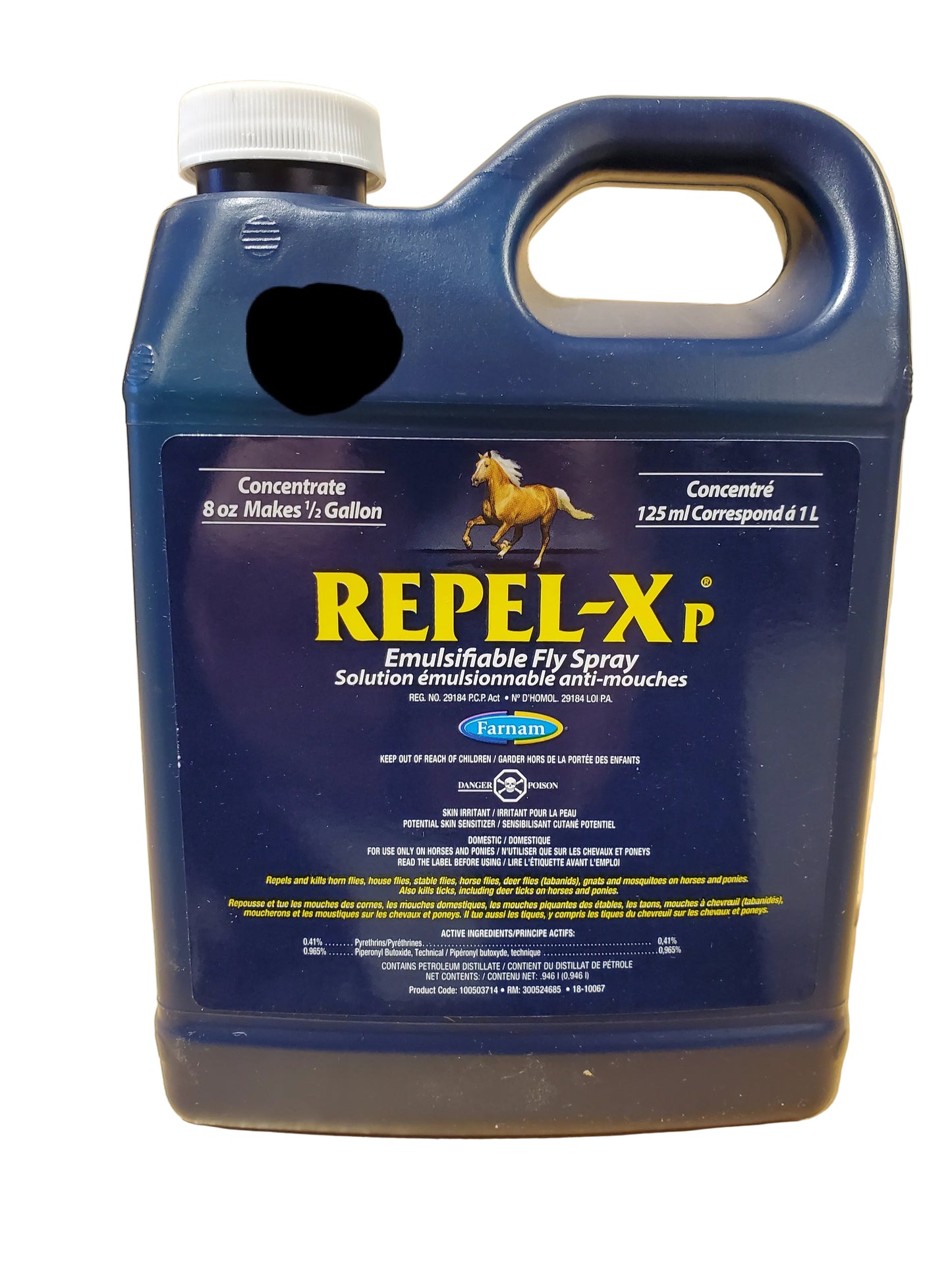 A blue plastic bottle labeled 'Repel-Xp Emulsifiable Fly Spray' by Farnam, with information about the product being horse-related.