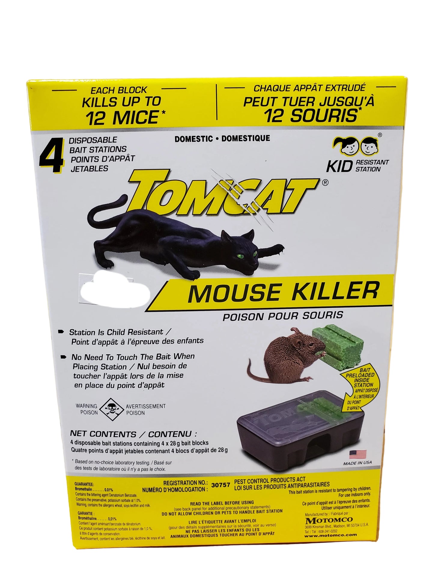 Packaging for Tomcat Mouse Killer bait stations with product image and instructions.