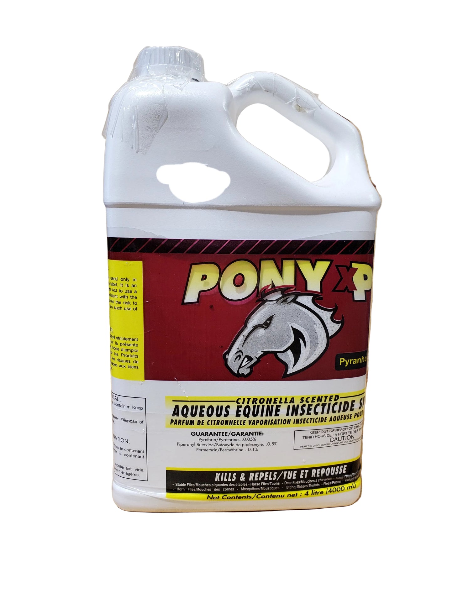 A yellow spray bottle labeled Pony XP Insecticide by Pyranha. The label includes a horse graphic and text detailing the product's use for insects.