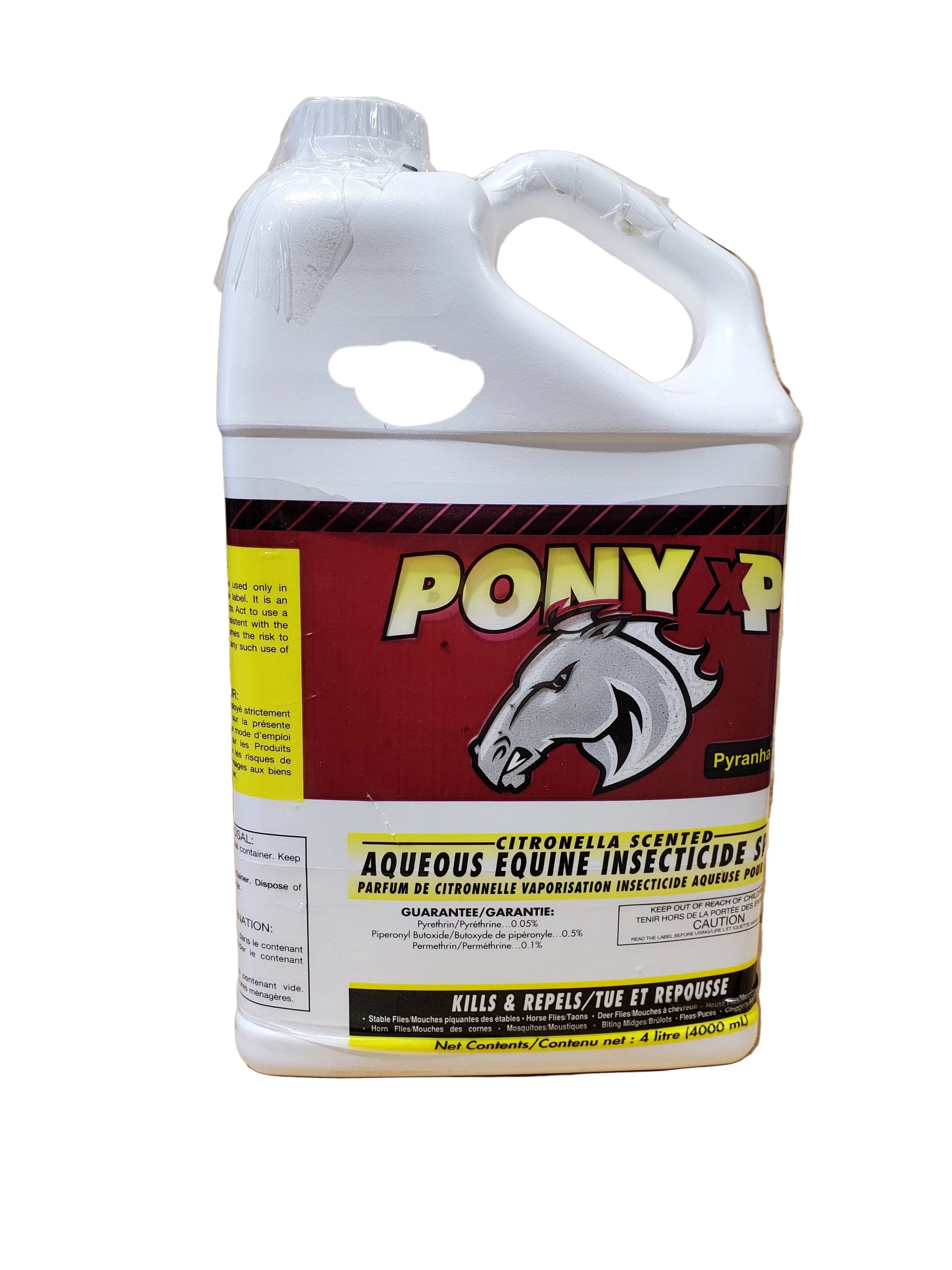 A yellow spray bottle labeled Pony XP Insecticide by Pyranha. The label includes a horse graphic and text detailing the product's use for insects.