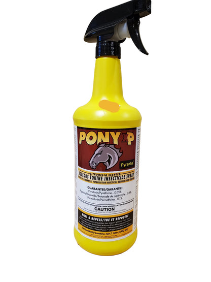 A yellow spray bottle labeled Pony XP Insecticide by Pyranha. The label includes a horse graphic and text detailing the product's use for insects.