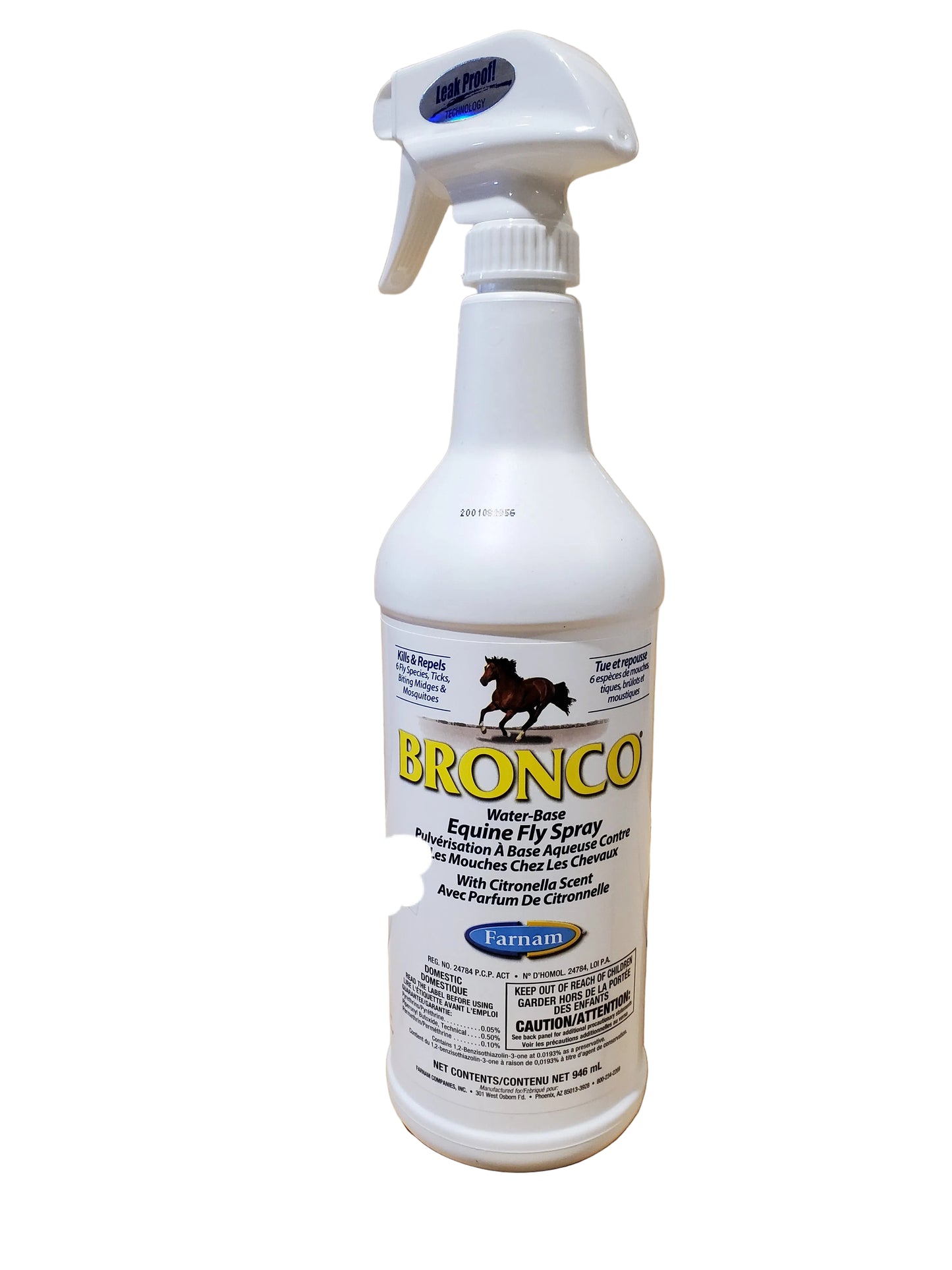 a white spray bottle with Bronco equine fly spray on a white background