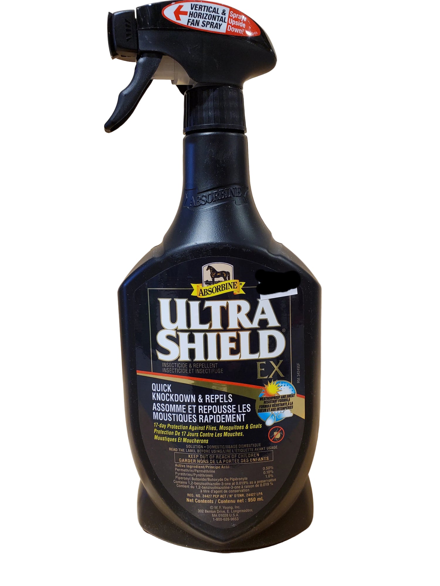 A spray bottle of Ultra Shield EX Insecticide & Repellent by Absorbine, designed for repelling biting insects from horses.