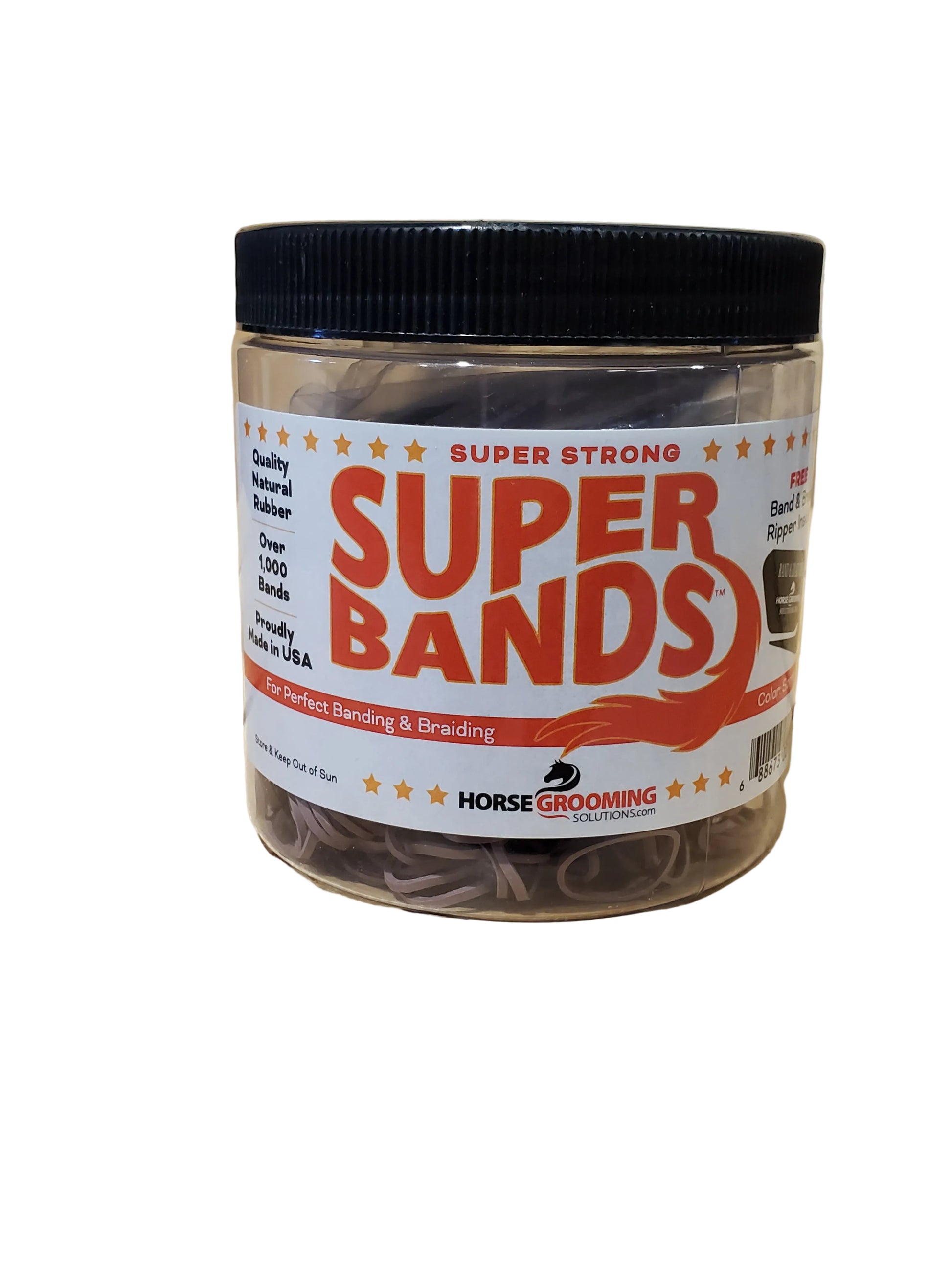 A clear plastic jar with a black lid labeled 'Super Bands' containing natural rubber bands for horse grooming.
