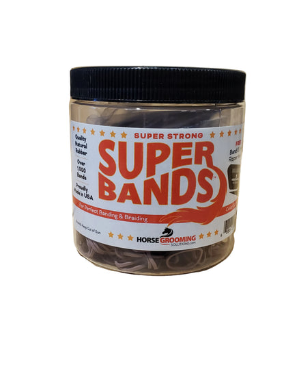 A clear plastic jar with a black lid labeled 'Super Bands' containing natural rubber bands for horse grooming.