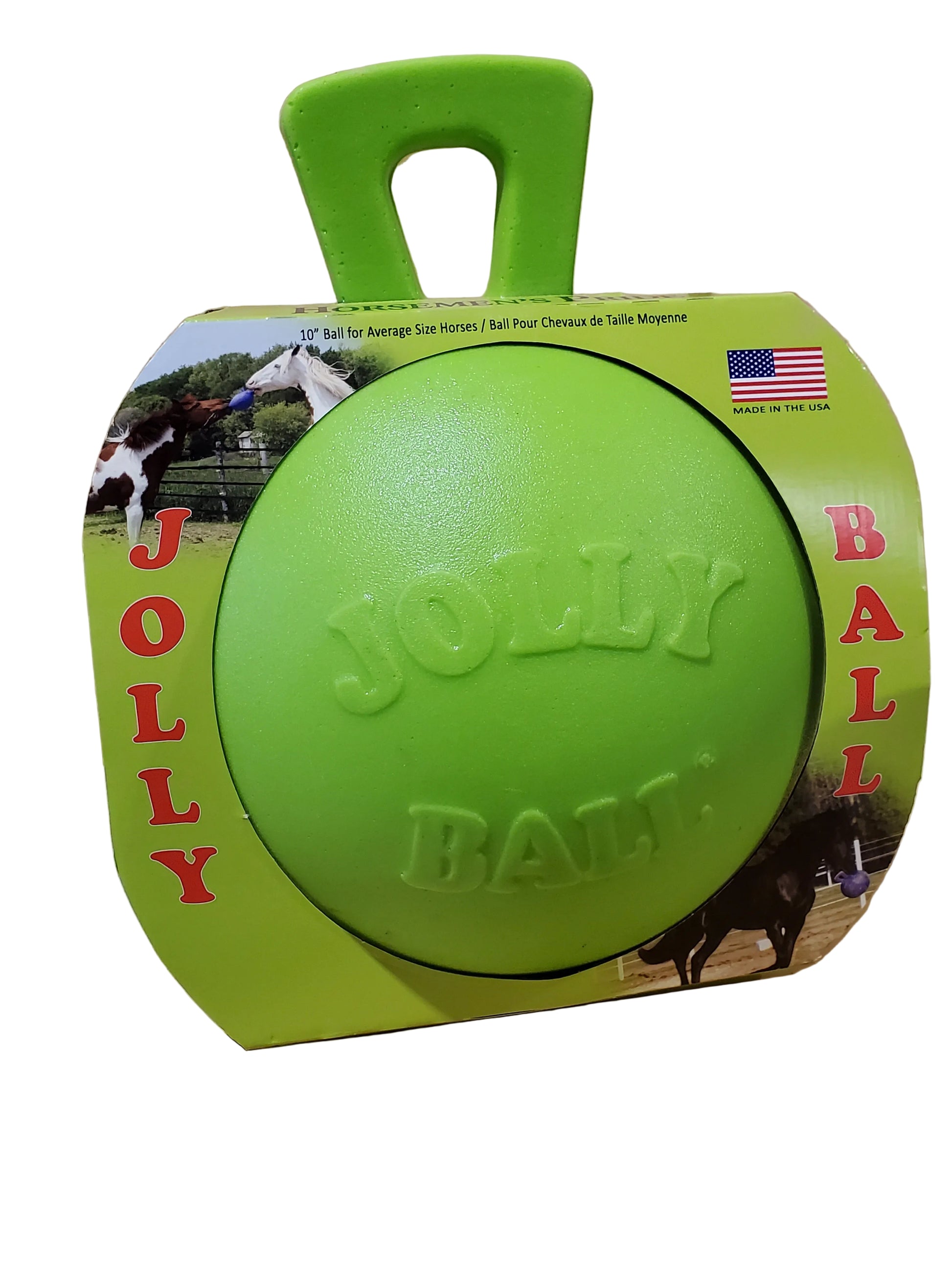 a green jolly ball for horses to play with in a cardboard display box on a white background