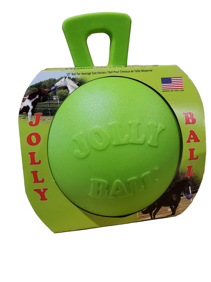 a green jolly ball for horses to play with in a cardboard display box on a white background