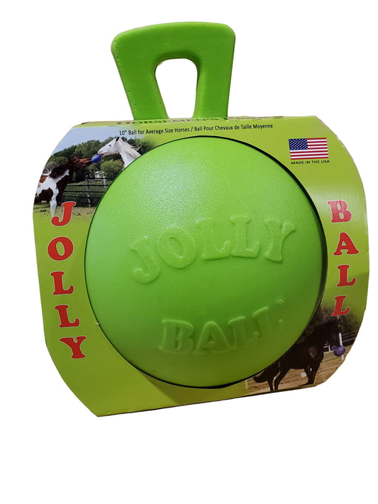 a green jolly ball for horses to play with in a cardboard display box on a white background