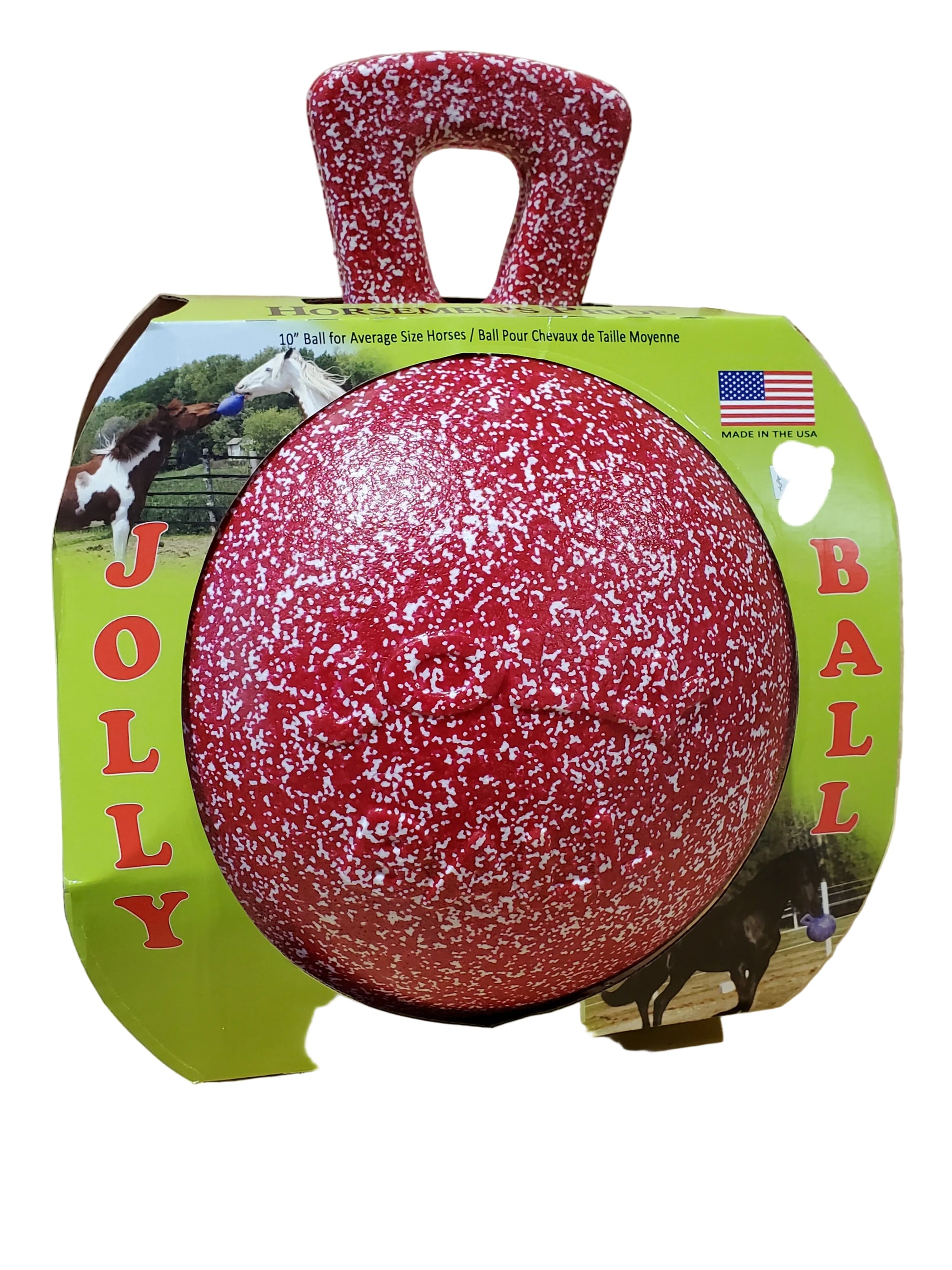 a red and white speckled jolly ball for horses to play with in a cardboard display box on a white background