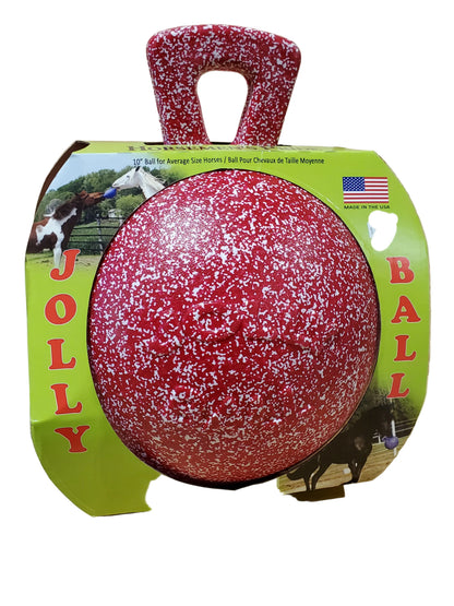 a red and white speckled jolly ball for horses to play with in a cardboard display box on a white background