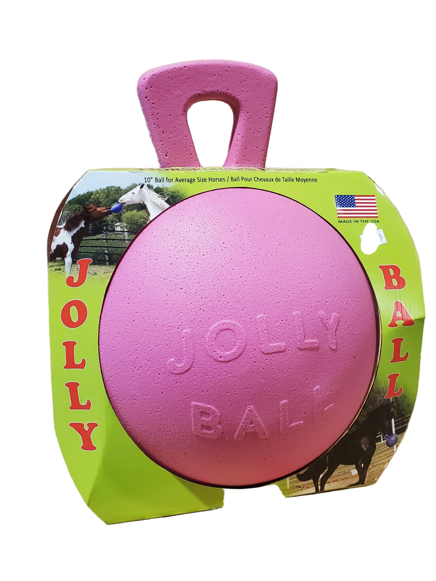 a pink jolly ball for horses to play with in a cardboard display box on a white background