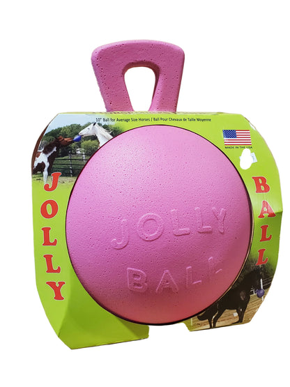 a pink jolly ball for horses to play with in a cardboard display box on a white background