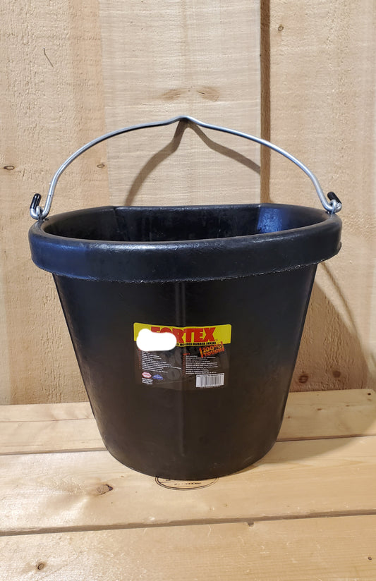 a black rubber 18 qt bucket with handle on a wooden background