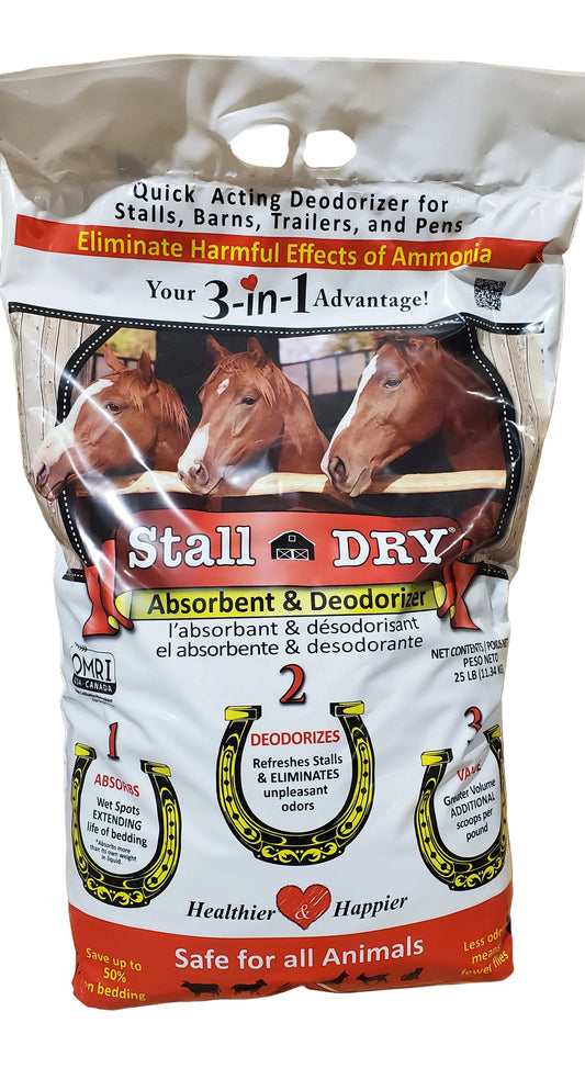 A white plastic bag of Stall Dry absorbent and deodorizer for horse stalls, with images of horses and product features printed on the front.
